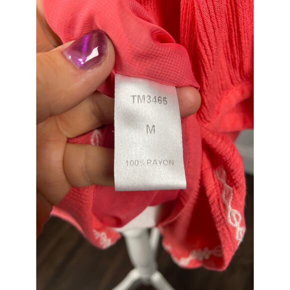 THML, Size Medium, Coral Pink Boho Dress, Tassels, Embroidered, Lined, Mini - Picture 5 of 8